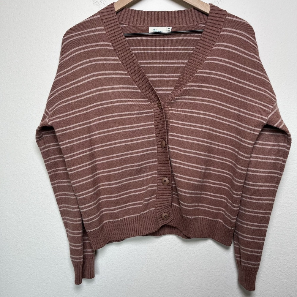 The Commons Women Cardigan Sweater XL Brown Stripe Academia Waist Length Boxy‎